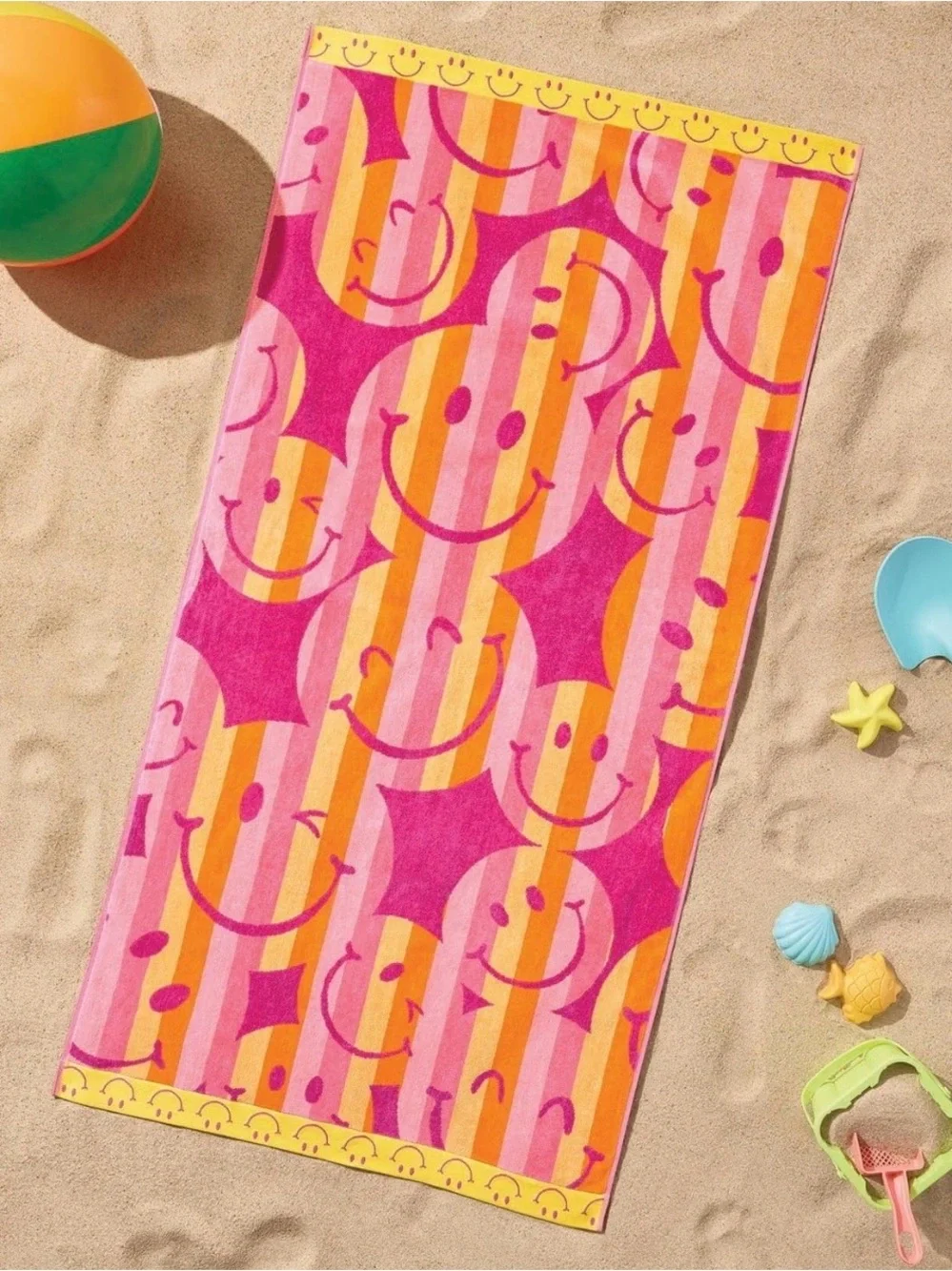 Kids Smiley Stripe Beach Towel - Pink & Orange